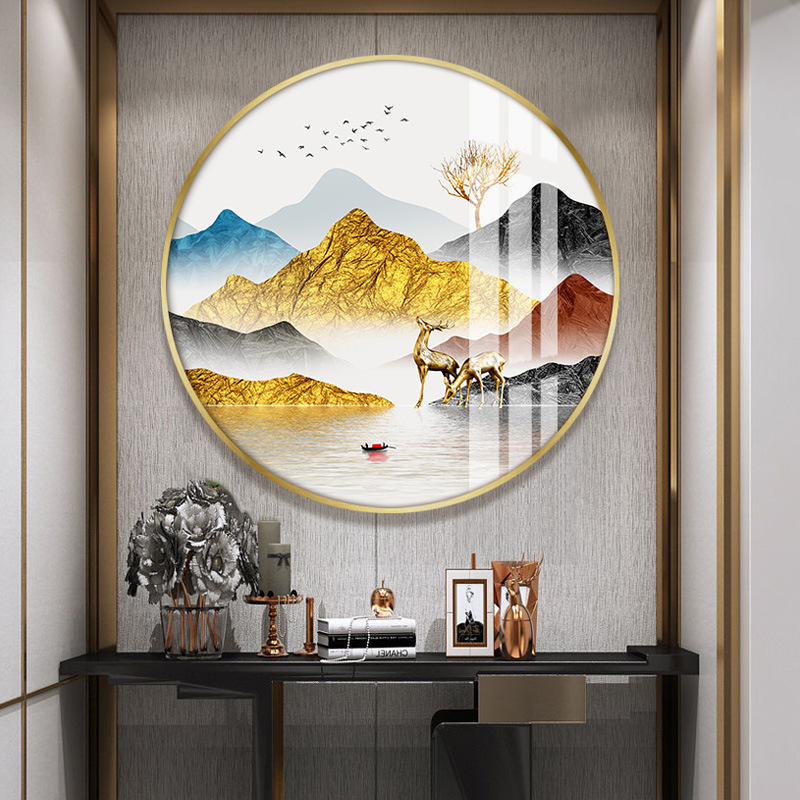 Haolong 5D Diamond-Encrusted Porcelain Crystal Porcelain Painting Modern Minimalist Hotel Light Luxury Wall Hanging Painting Living Room Xuanguan Round Decorative Painting