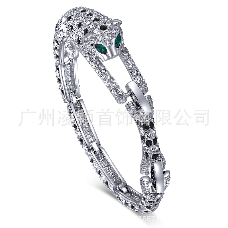 亚马逊欧美爆款女士猎豹手链镶满钻饰品豹头时尚个性复古粗款手链|ms