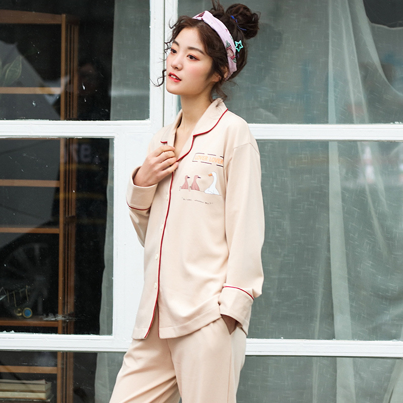 Pijamas traje de primavera y otoño de las mujeres chaqueta de algodón de manga larga ropa para el hogar de las mujeres otoño e invierno se puede usar fuera de traje de dos piezas