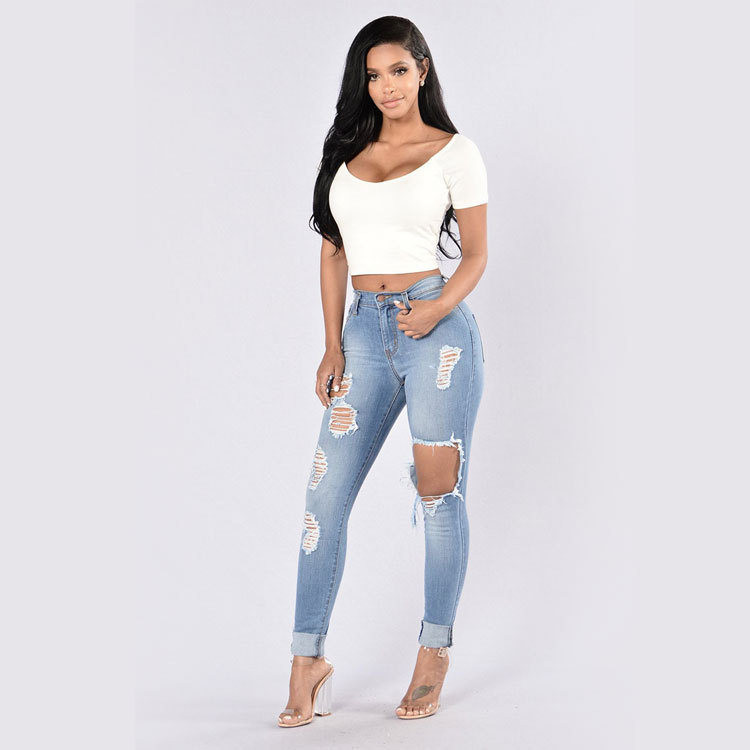 high waist high elastic hole jeans nihaostyle clothing wholesale NSWL68432