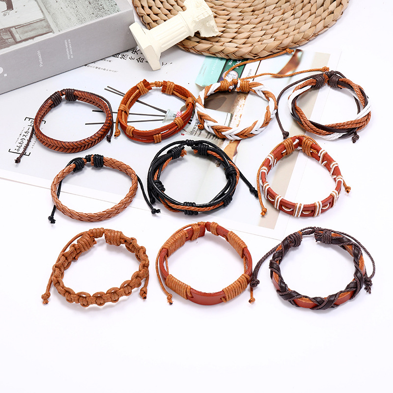 Hiphop style vintage braided cowhide 10 piece leather bracelet for women