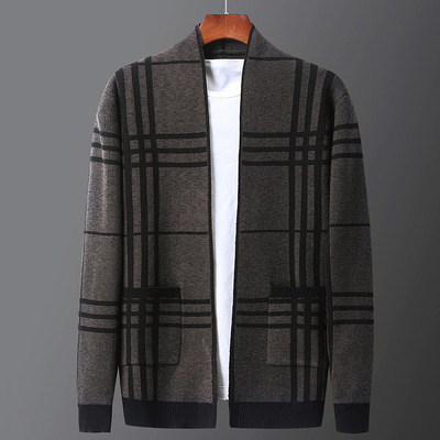 superior quality man Plaid jacquard Sweater coat Autumn and winter Thick section Self cultivation Trend Cardigan sweater men's wear