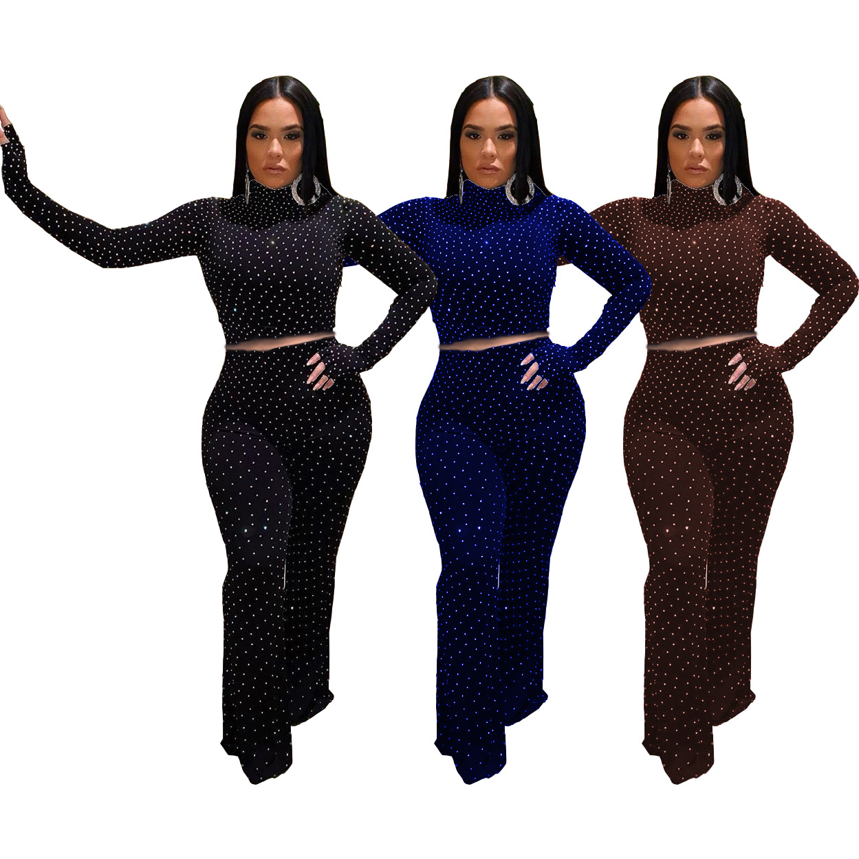 M092  跨境亚马逊ebay性感女装烫晶韩国绒半拆卸手套袖微喇两件套