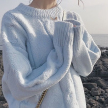 2020新款軟奶藍秋冬季外穿很仙的馬海毛麻花寬松慵懶風套頭毛衣女
