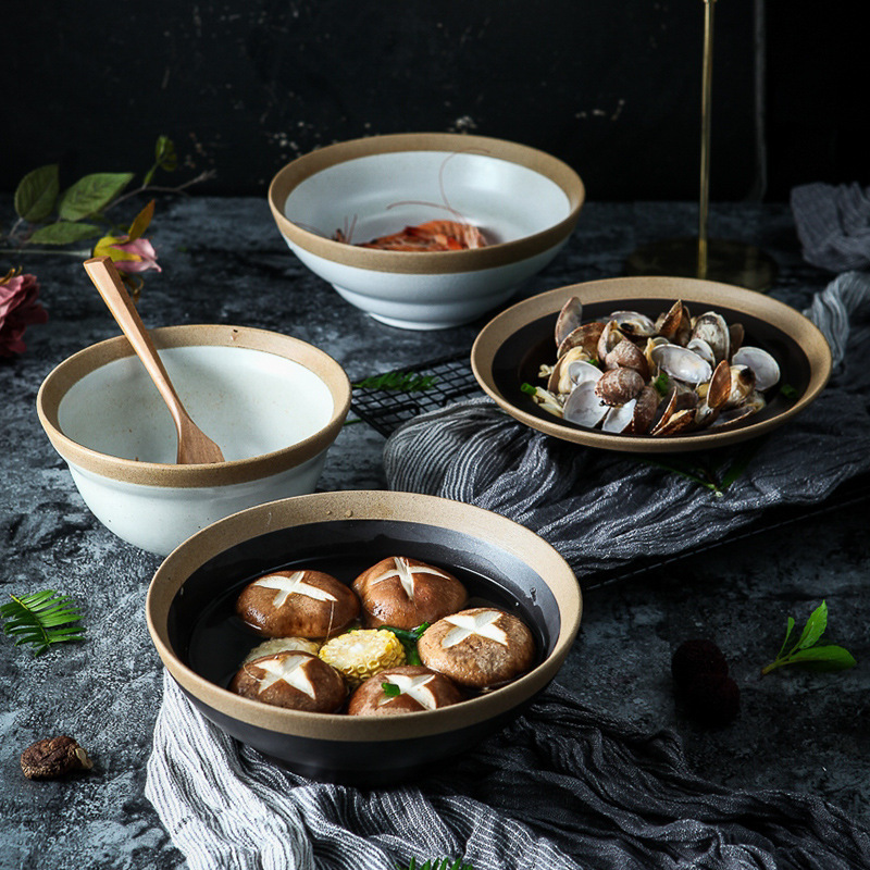 Japanese Style Tableware Handmade Helmet Big Soup Bowl Household Retro Stoneware Noodle Bowl Distinctive Creative American Style Large Salad Bowl