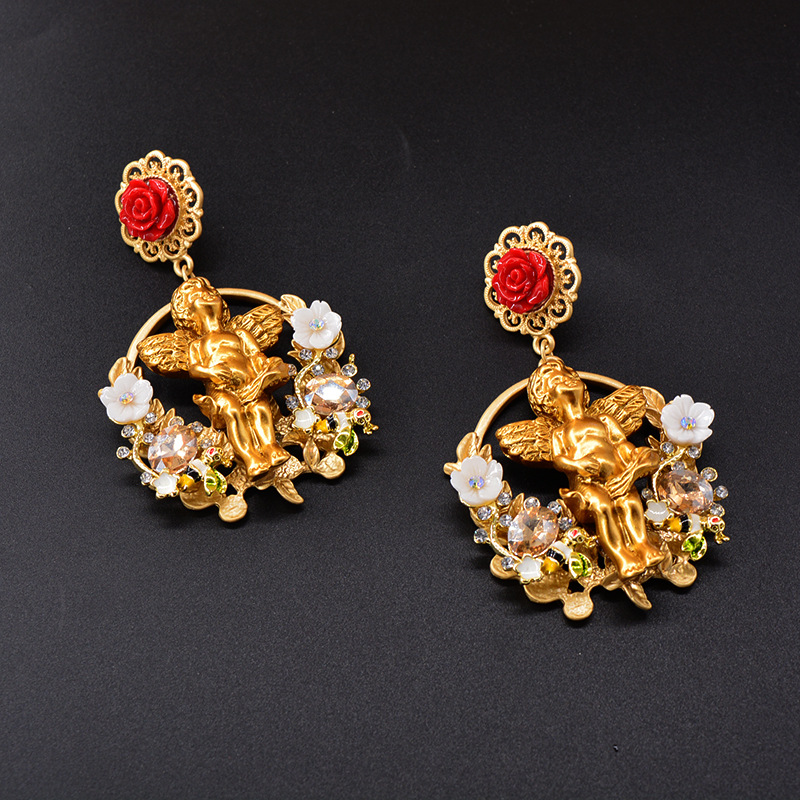 61g Weight 925 Sterling Silver Ear Needle Material 1 Pair IG Style Angel Flower Inlay Alloy Rhinestones Drop Earrings