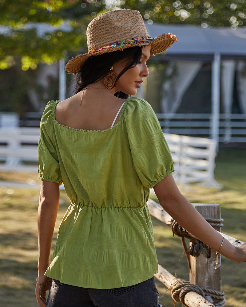 top con cuello de pico delgado de color sólido con mangas de burbuja NSKA18951