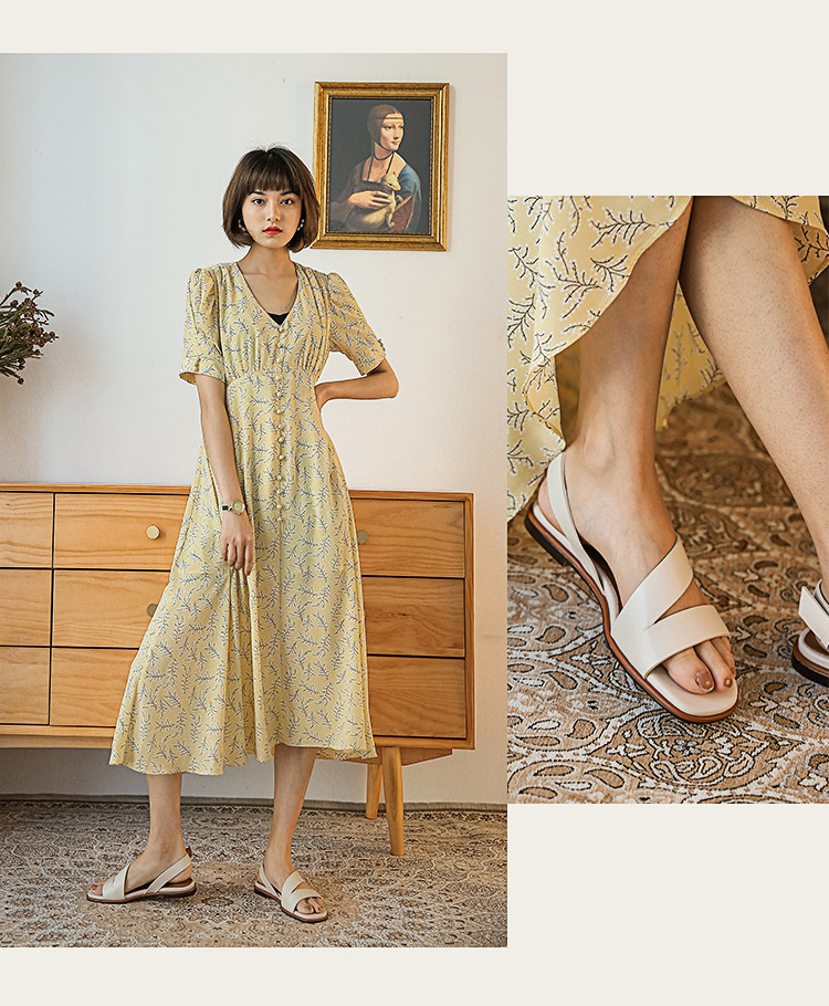 Sandal nữ đế bệt phong cách La Mã da bò hở ngón mùa hè — Màu nâu chi tiết 2