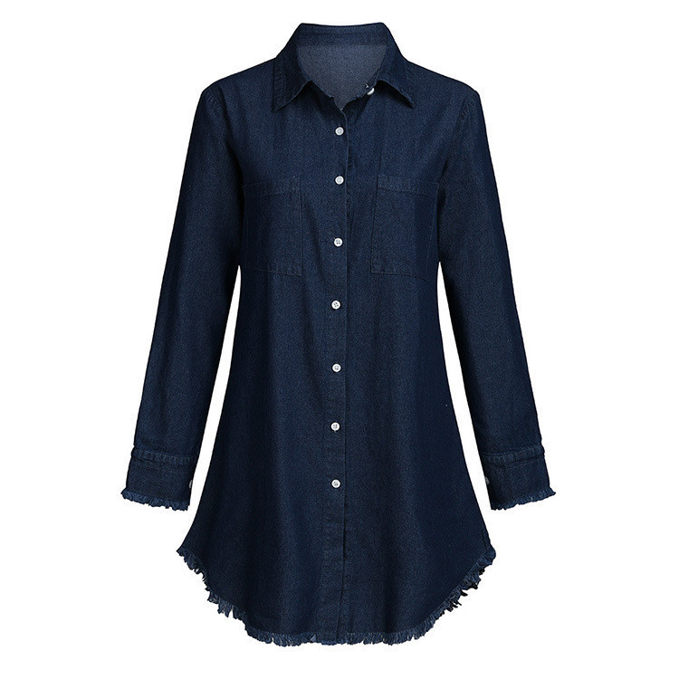 Solid Color Long Sleeve Frayed Tassel Denim Shirt NSWL68435