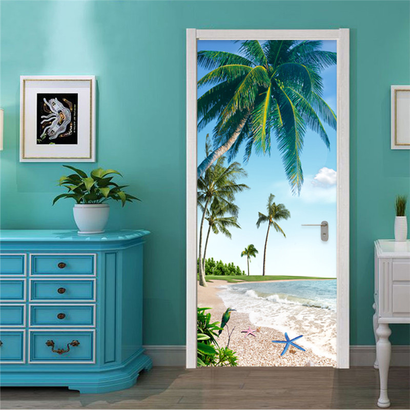创意3D门贴翻新自粘贴纸装饰卧室客厅墙贴门贴海滩椰树跨境货源