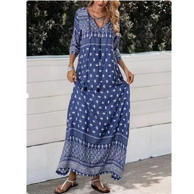 2020春夏新款印花流蘇款式寬松七分袖長款連衣裙