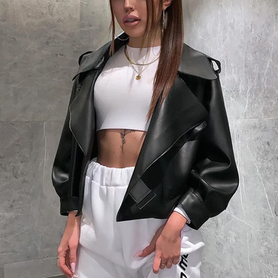 2020春秋爆款时尚百搭经典暗黑风短款西装领韩版黑色皮衣pu皮夹克|ru