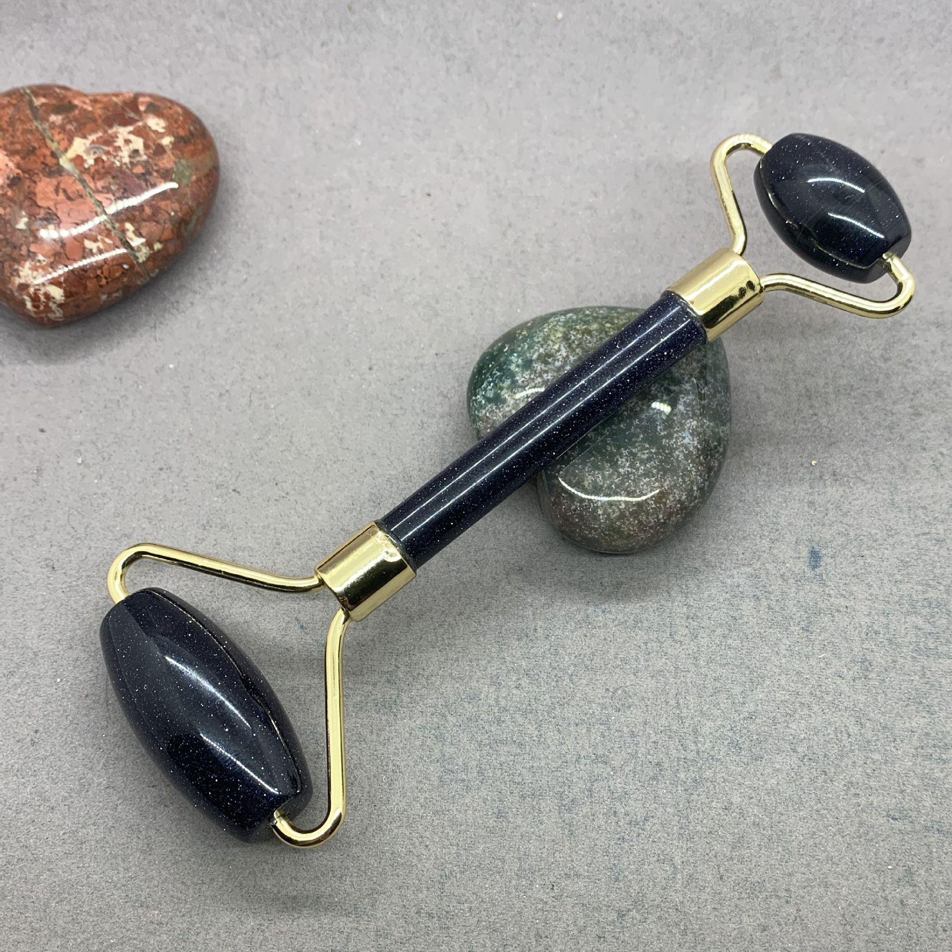 Piedra natural de doble cabeza rodillo de masaje palo amatista rosa cristal flor verde Aventurina azul patrón azul arena oro arena amarillo Ojo de Tigre