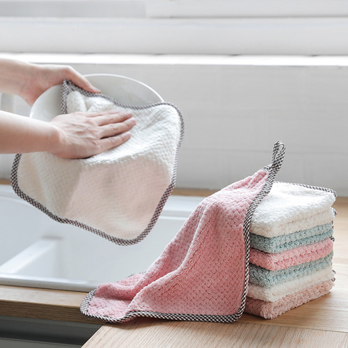 Rag kitchen cleaning rag, lint-free, water-absorbent pineapple grid rag, small square towel, hanging coral velvet hand towel
