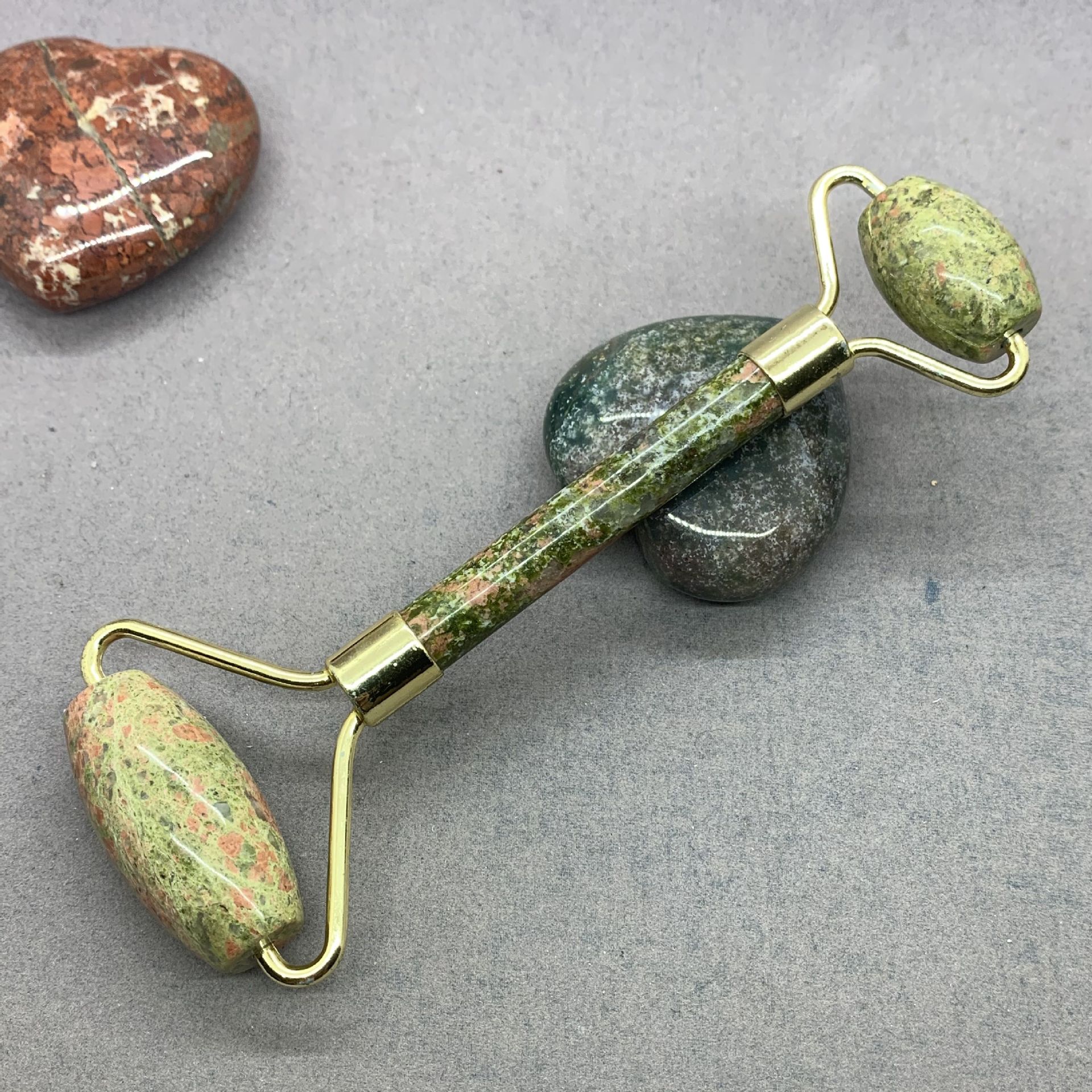 Piedra natural de doble cabeza rodillo de masaje palo amatista rosa cristal flor verde Aventurina azul patrón azul arena oro arena amarillo Ojo de Tigre
