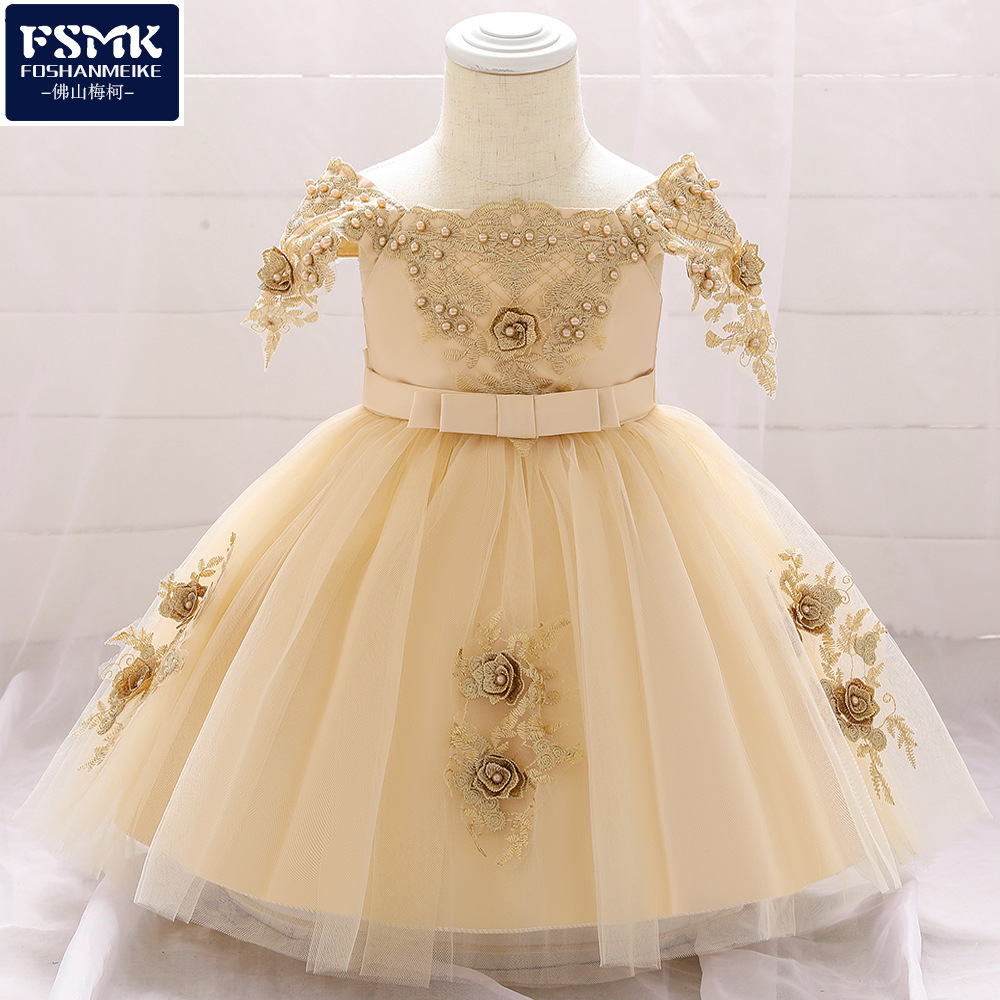 Amazon Europe And The United States 2021 New Girl's Dress Beaded Flower Mesh Puffy Princess Dress Baby Dress