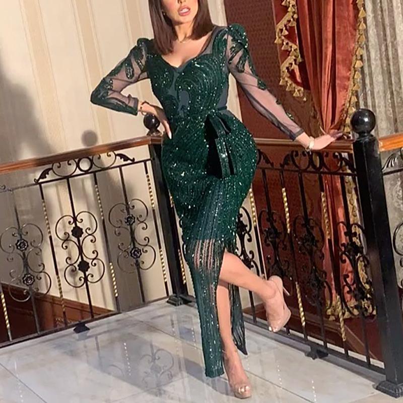2020 moda de comercio exterior europea y americana nueva ropa de mujer vestido deseo Amazon oro manga larga vestido sexy nuevo