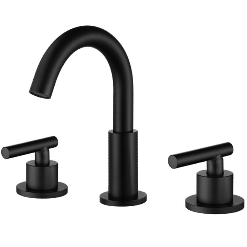 thumbnail image 1 of Grifos de baño de 3 orificios de arco bajo y 2 manijas con válvula y conjunto de desagüe emergente de metal, negro mate, 1 of 5