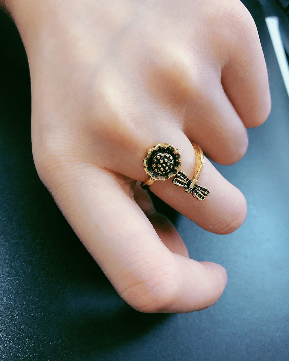 New  Retro Dragonfly Sunflower  Flower Insect Open Index Finger Ring display picture 3