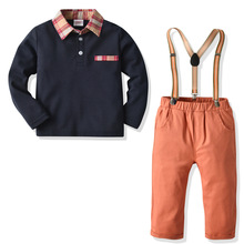 春季新款男童宝蓝红条领POLO衫橘红背带裤套装儿童绅士套装亚马逊