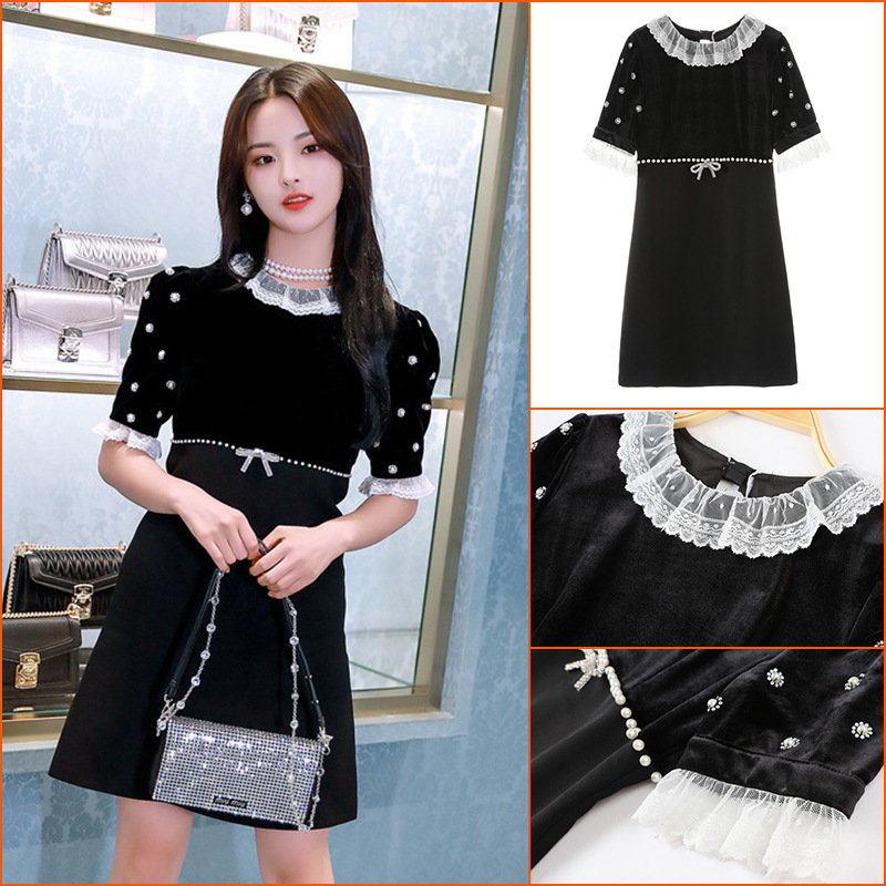 杨超越同款法式娃娃领黑色宴会礼服裙气质淑女短袖镶钻丝绒连衣裙