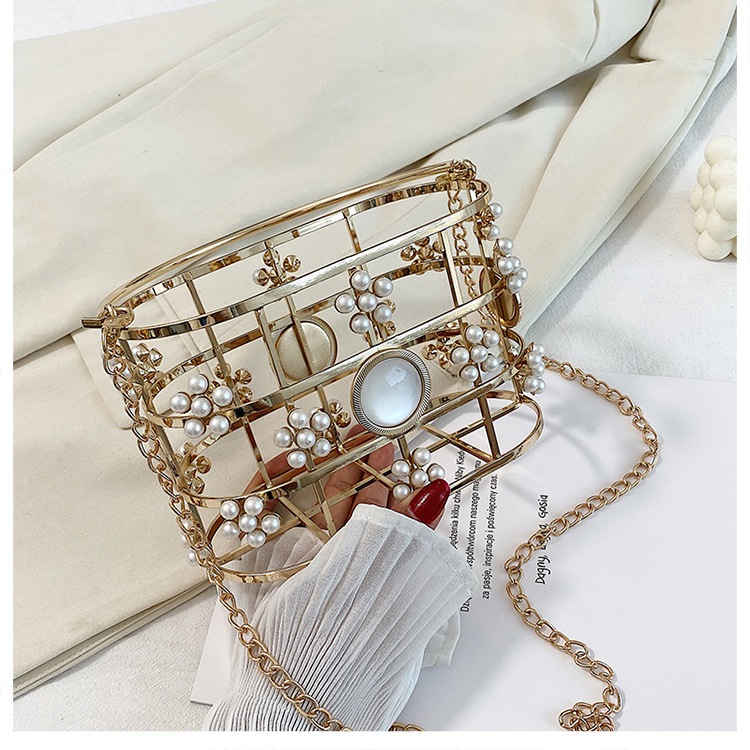 Fashion Pearl Sun Flower Hollow Black Rhinestone Handmade Portable Birdcage Dinner Basket Bag display picture 1