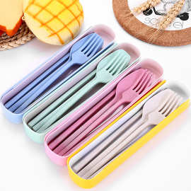 小麦秸秆餐具套装儿童叉筷勺子三件套礼盒户外旅行便携餐具小礼品