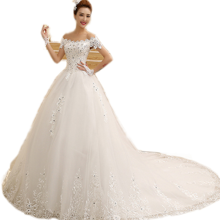 Wedding Dress 2023 Spring and Summer New Korean-style Slimming off-shoulder Double-shoulder Long Tail Bride Wedding Large Size Women