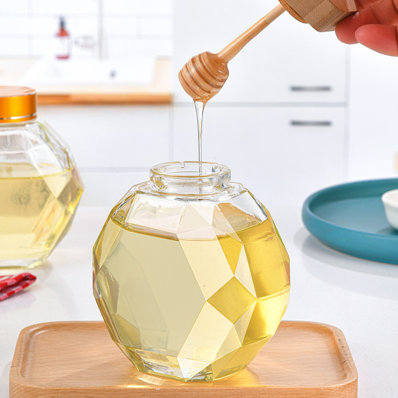 蜂蜜瓶厂家定制500克新款玻璃蜂蜜罐 搅拌棒六棱创意带盖蜂蜜瓶|ru