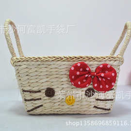 草编收纳篮子卡通猫kt猫咪玉米皮盒子床头柜用女士袋子 kt收纳筐