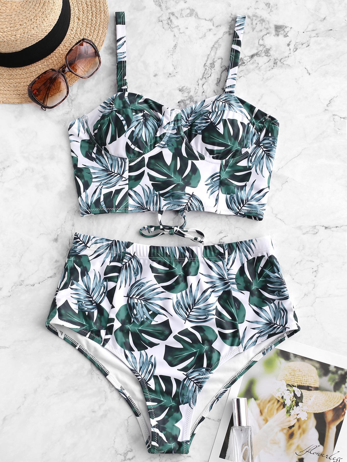 new hot spring beach swimsuit steel support gathers sexy plaid green leaves bikini NSHL3302