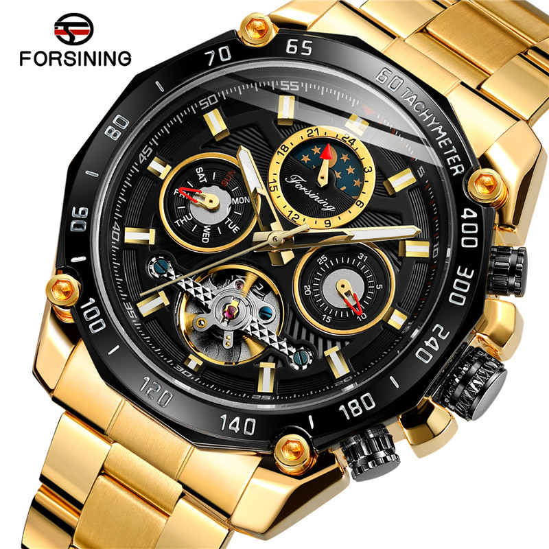 FORSINING hombres de negocios correa de acero reloj mecánico automático multifunción reloj de seis pines Placa de reloj mecánico 6913