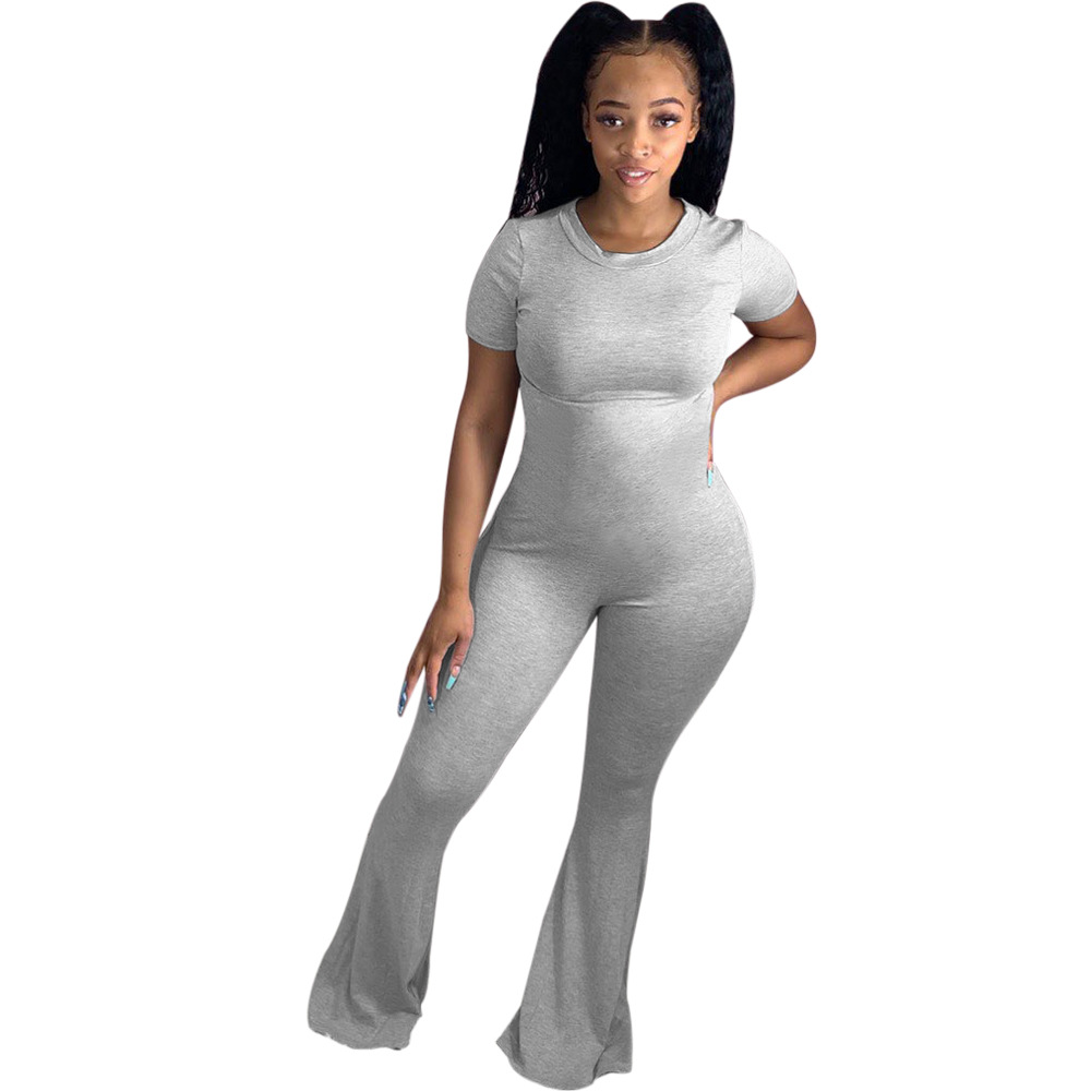 Round Neck Short-Sleeved Flared Pants Jumpsuit NSWNY74461