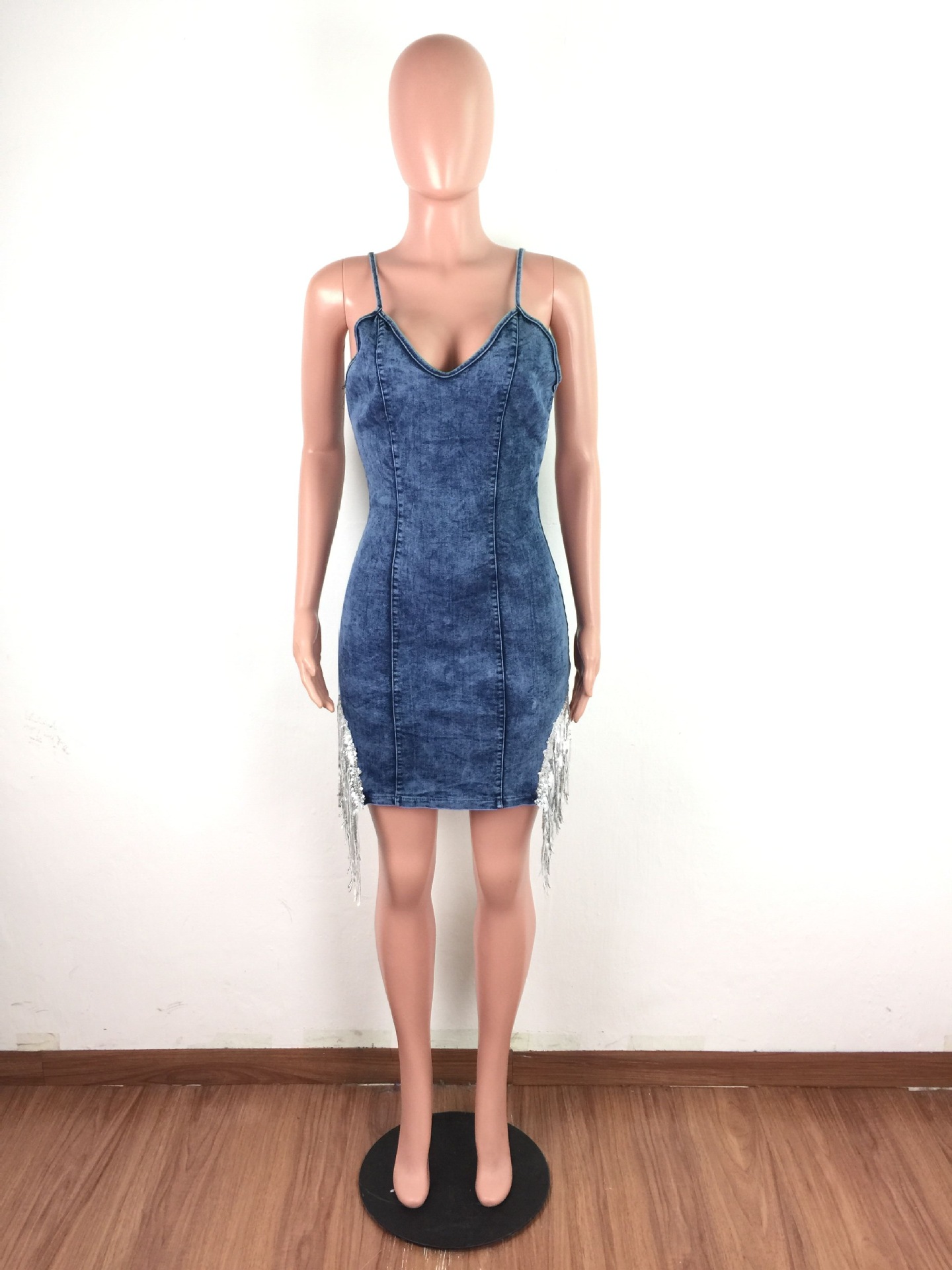 Women Stylish Spaghetti Strap V Neck Tassel Patchwork Bodycon Club Denim Dress