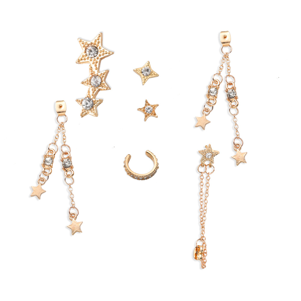 Fashion Five-pointed Star Tassel Diamond Earrings White Diamond Star Earrings Set Wholesale Nihaojewelry display picture 2