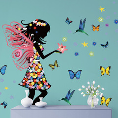 Floral Fairy Sofa Background Wall Sticker, Butterfly Girl Bedroom Headboard Self-adhesive Sticker, Floral Fairy Wall Decal