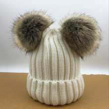 秋冬外貿針織帽加絨毛線帽兩個毛球球帽仿狐狸毛球帽假貉子球帽子