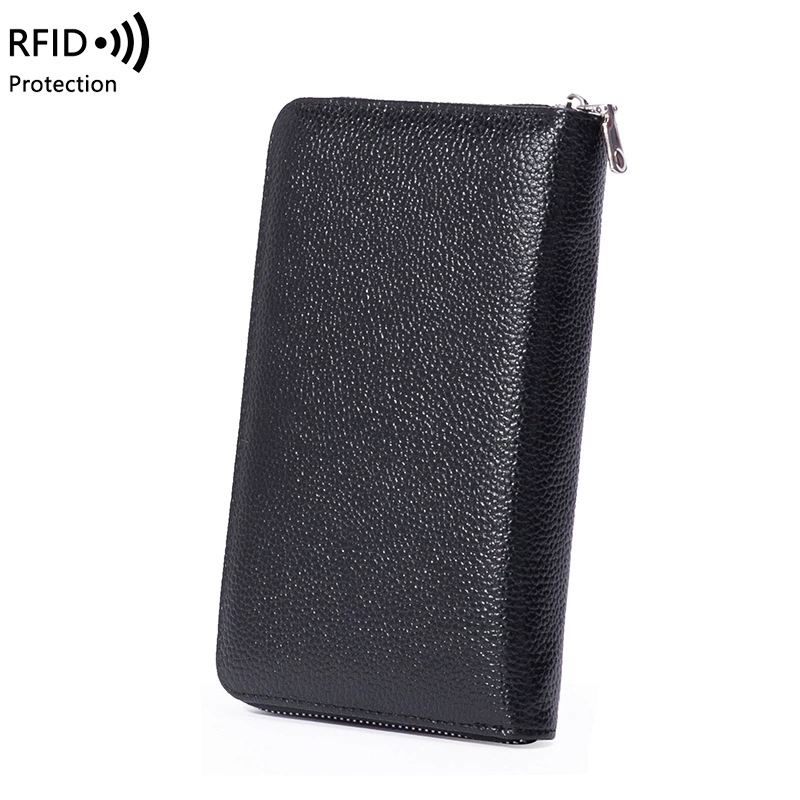 Кожаный паспортник, длинный кошелек из козьей кожи с защитой RFID, молния и цепь