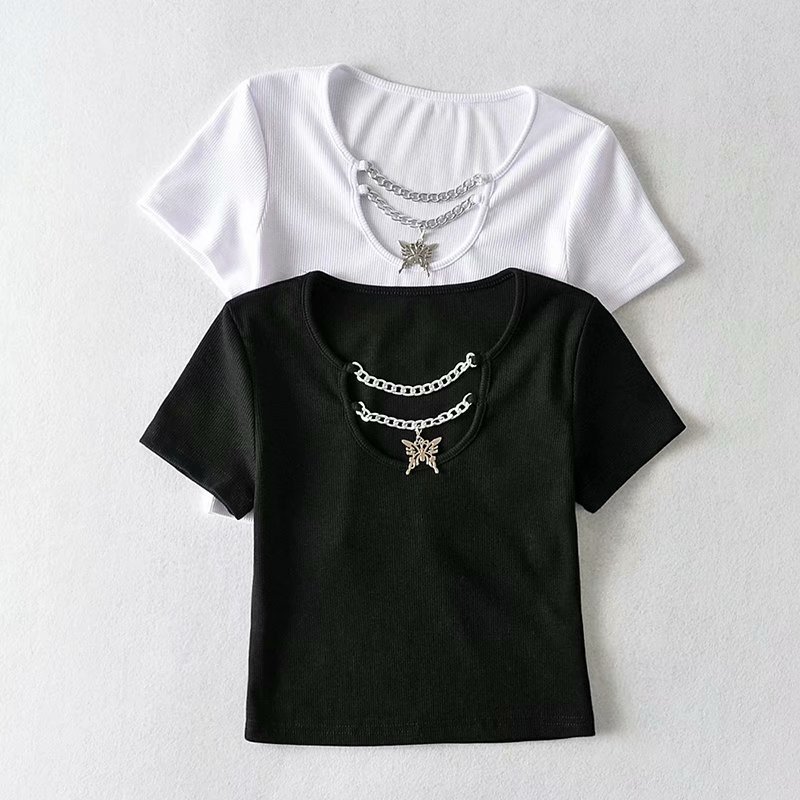 wholesale summer neckline metal Fudie chain women s metal short sleeve T-shirt NSAM4568