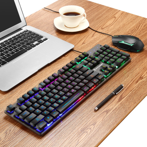 Milang T6 luminous gaming keyboard and mouse set Internet cafe installed wired USB rainbow floating backlight keyboard and mouse