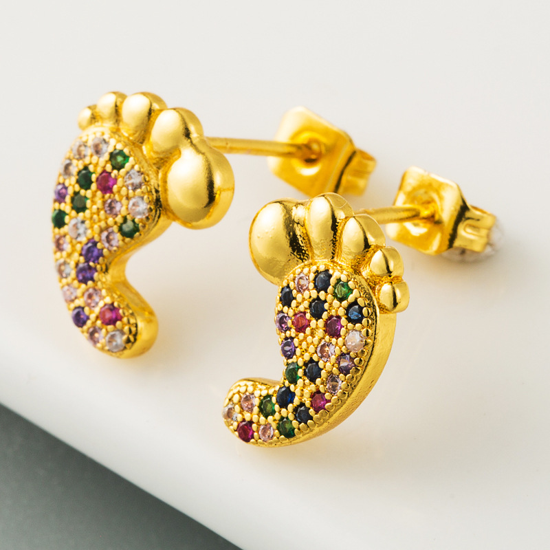 New Creative Exaggerated Brass Gold-plated Big Feet Earrings Micro-set Color Zircon Fine Earrings Wholesale Nihaojewelry display picture 5