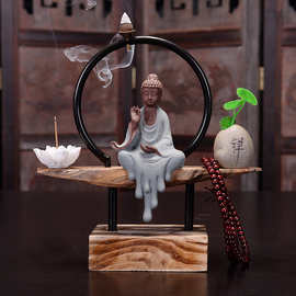 禅意佛像倒流香炉创意根雕摆件风化枯木玄关居室陶瓷香薰炉茶香道