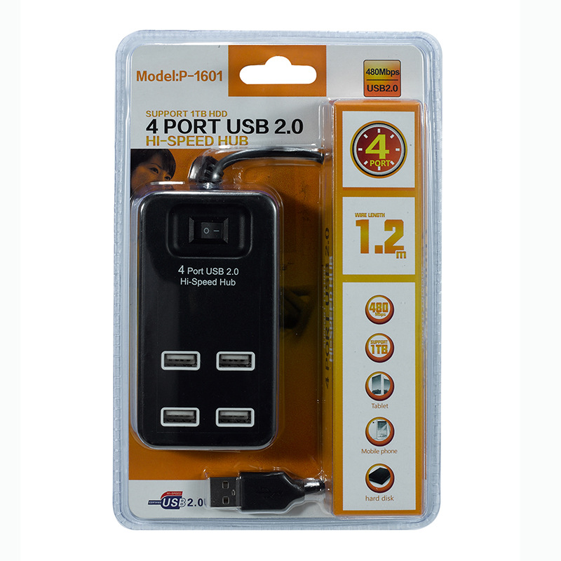 1601HUB USB分线器 USB扩展器 1分四 带开关1.2米线长 USB转四USB