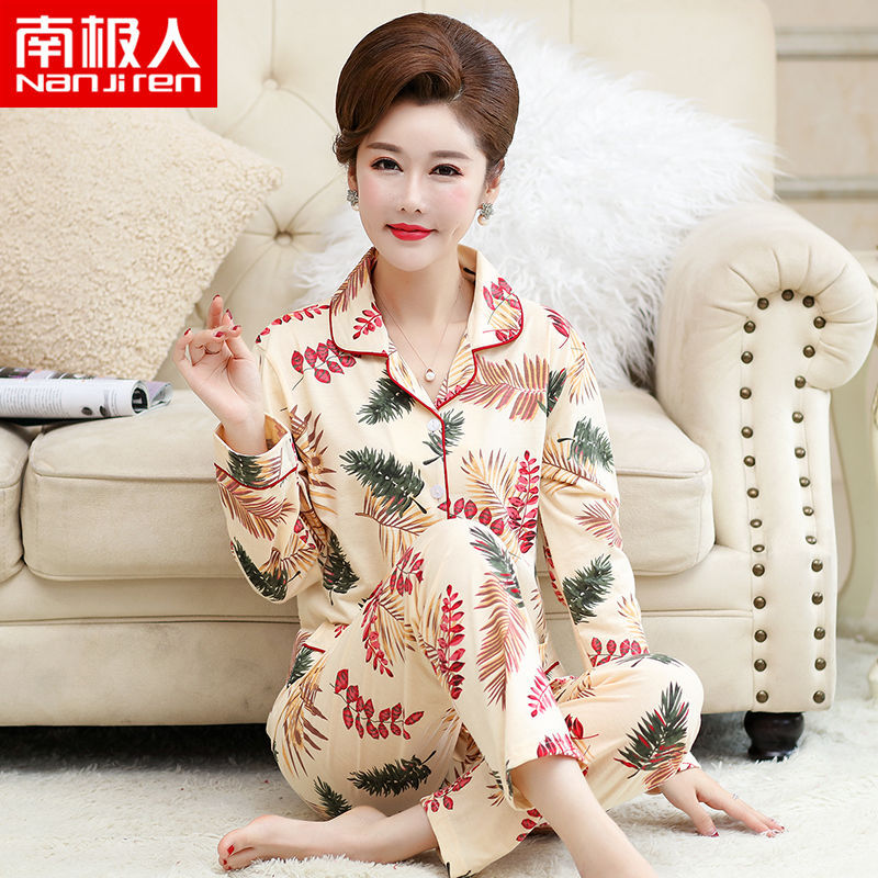 100% pijamas de algodón para madres de mediana edad y ancianos Primavera y otoño cardigan de manga larga casual más tamaño traje de desgaste para el hogar