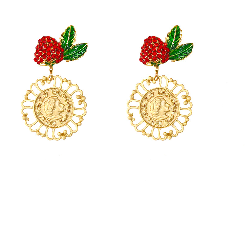 Baroque Red Cherry Strawberry Earrings New Wave Simple Coin Portrait Earrings Wholesale Nihaojewelry display picture 5