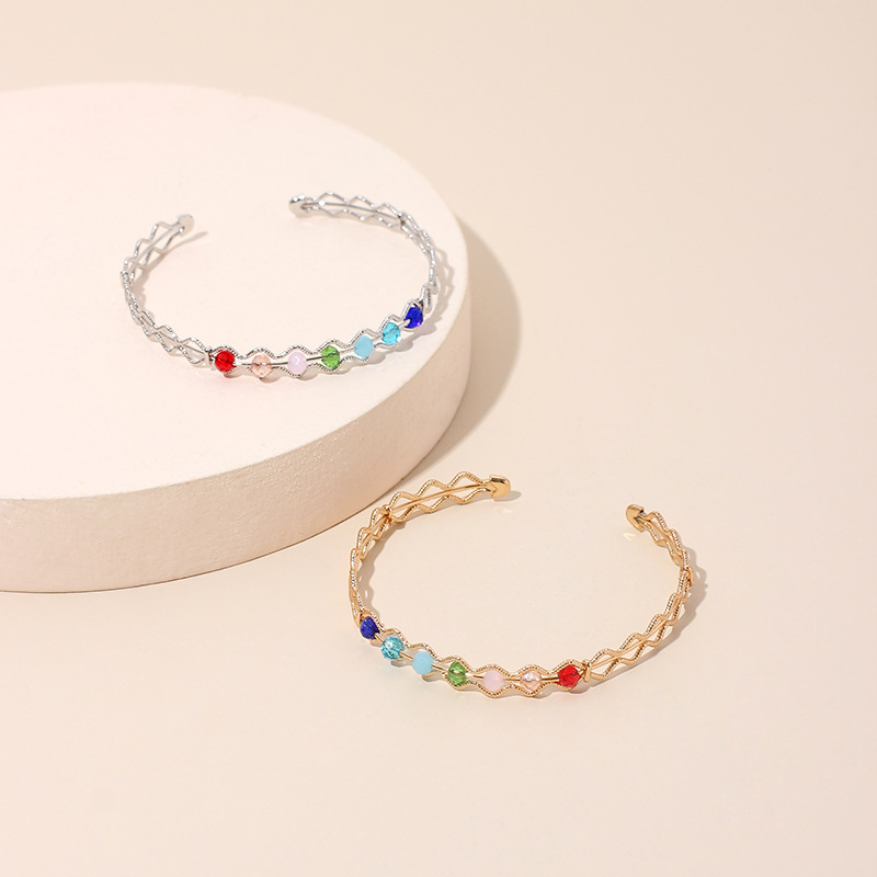 5g Weight Housewarming, Anniversary, Business, Wedding, Travel, Birthday, Festival Occasion Women'S Gender Gold, Silver Color Colored Crystal Bead Gold Open Bracelet New Hollow Adjustable Bracelet Wholesale Nihaojewelry 6
