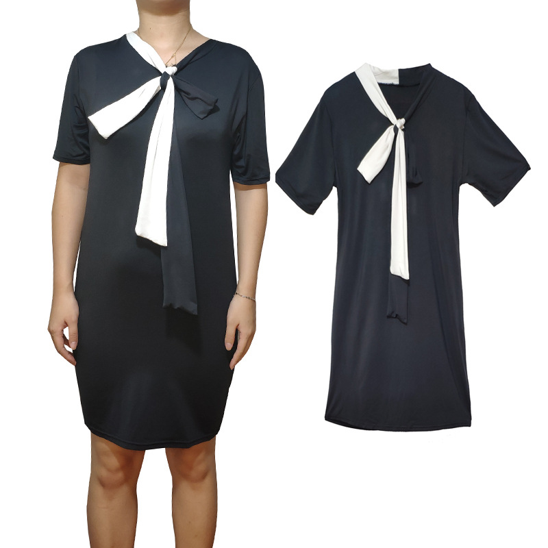 速卖通连衣裙女夏法式小众典雅气质休闲飘带蝴蝶结黑色针织polo裙