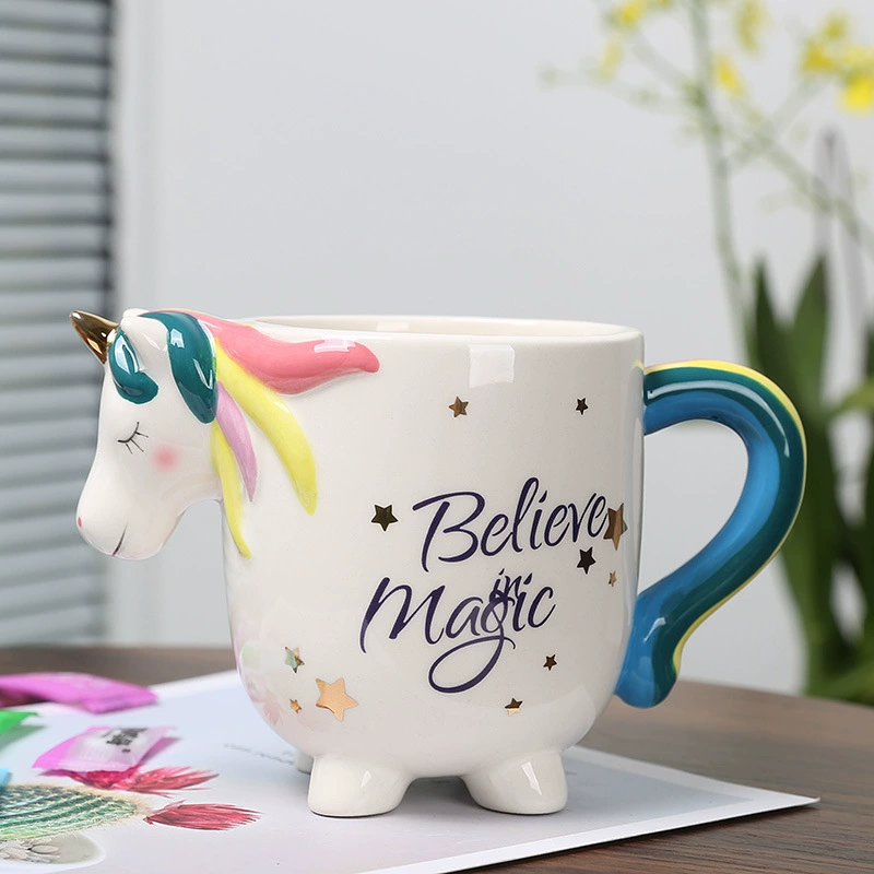Unicorn Ceramic Mug, 450 ml, Creative Home Breakfast Cup, Rainbow Handle Designs