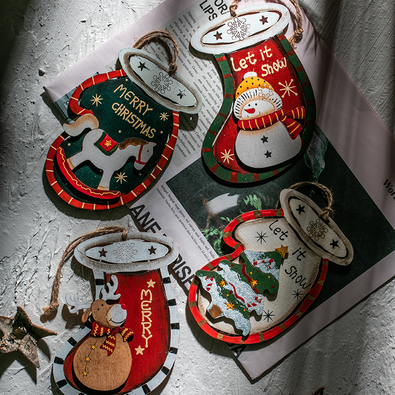 Guantes navideños de madera americanos calcetines colgante pintado árbol de navidad alce muñeco de nieve retro colgante pintado a mano