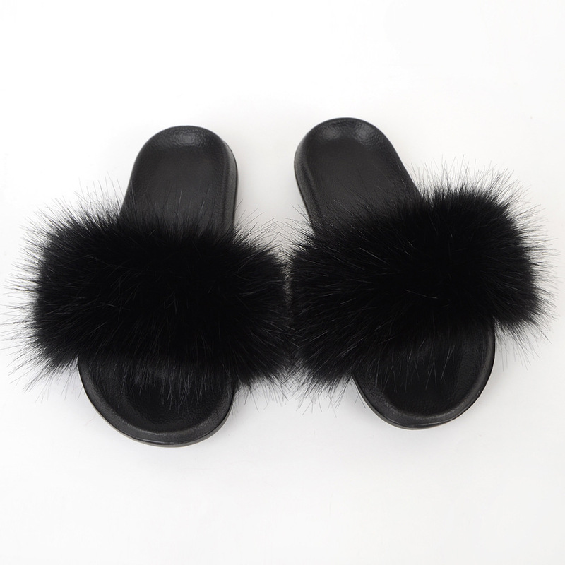wish European and American sandals women's fur imitation fox fur slippers flat toe women's sandals wholesale